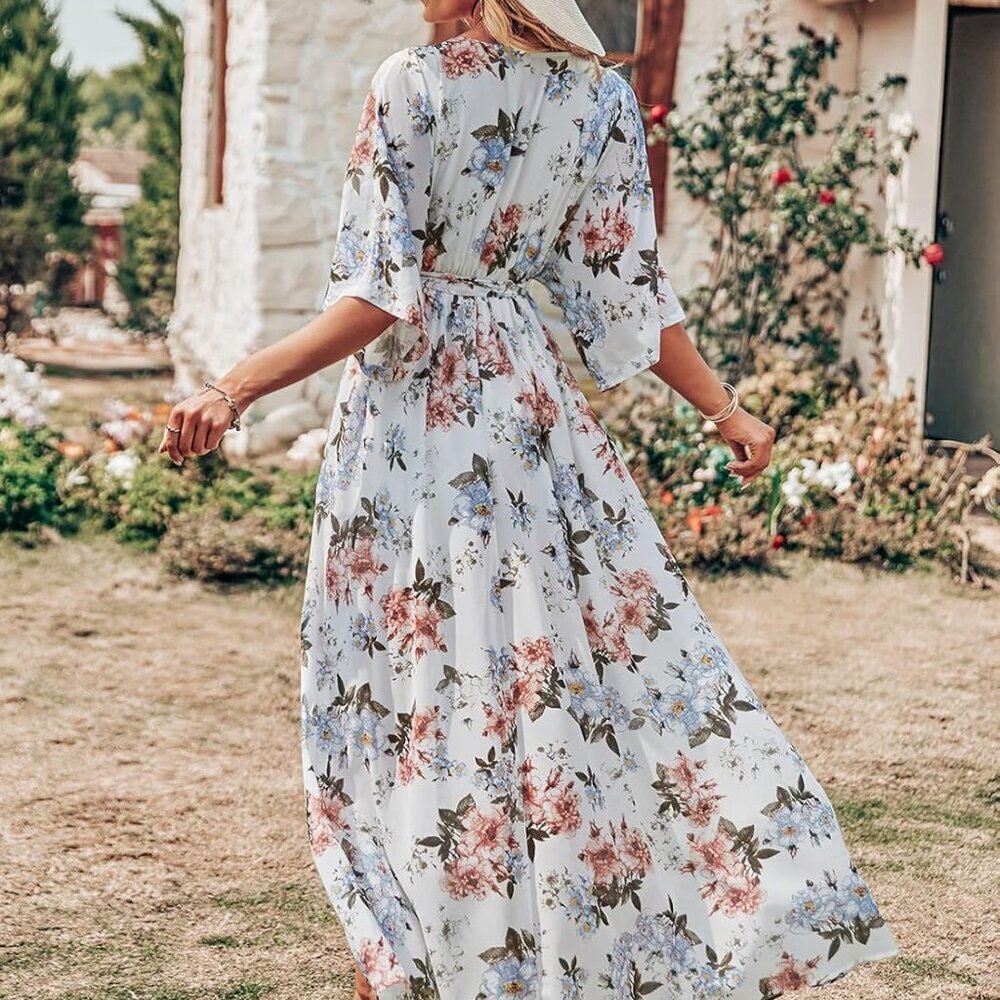 Women’s Summer Loose Boho Flowy Wrap V Neck 3/4 Sleeve Floral Print Slit Beach W - Picture 5 of 5